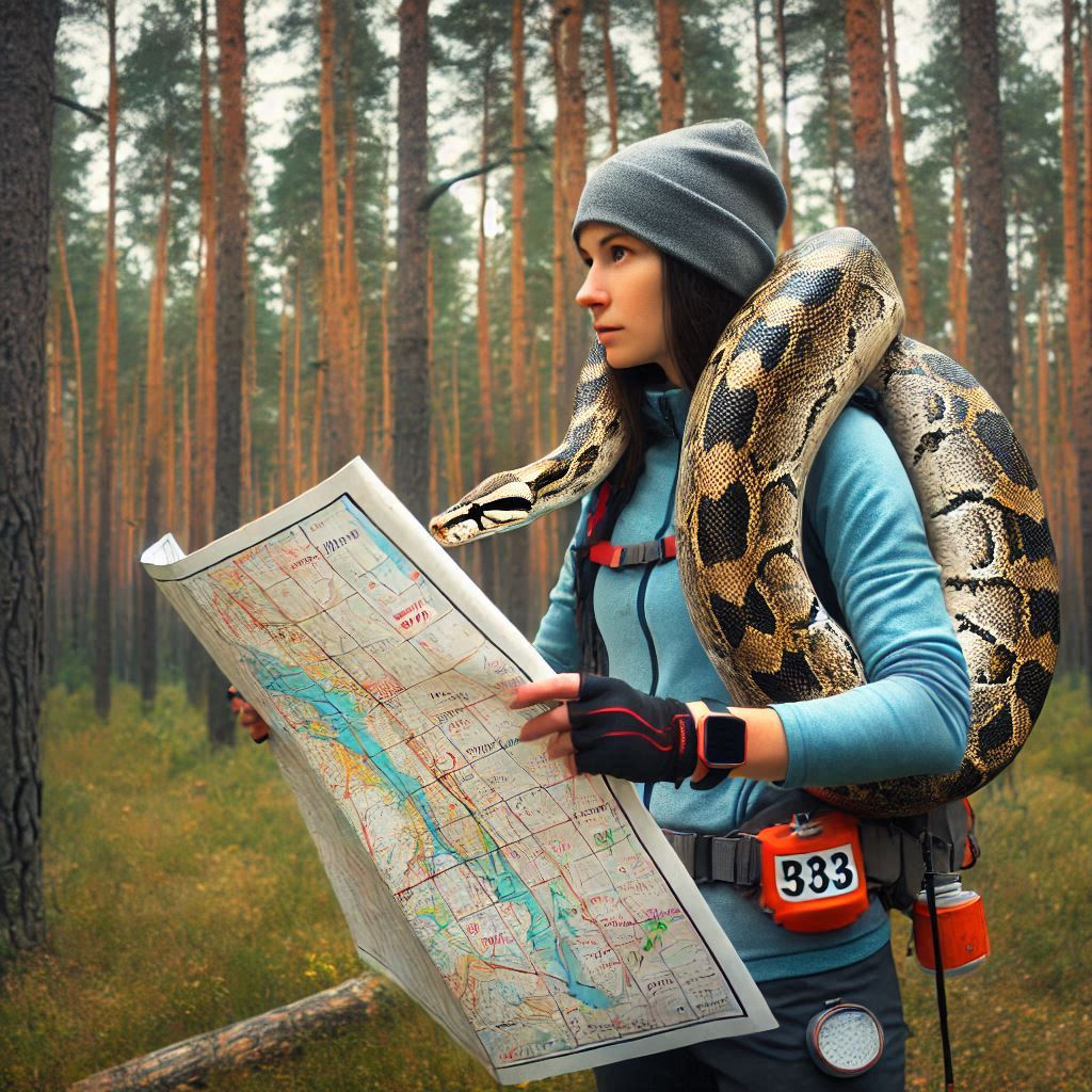 female orienteer with map in a pine forest with a large python